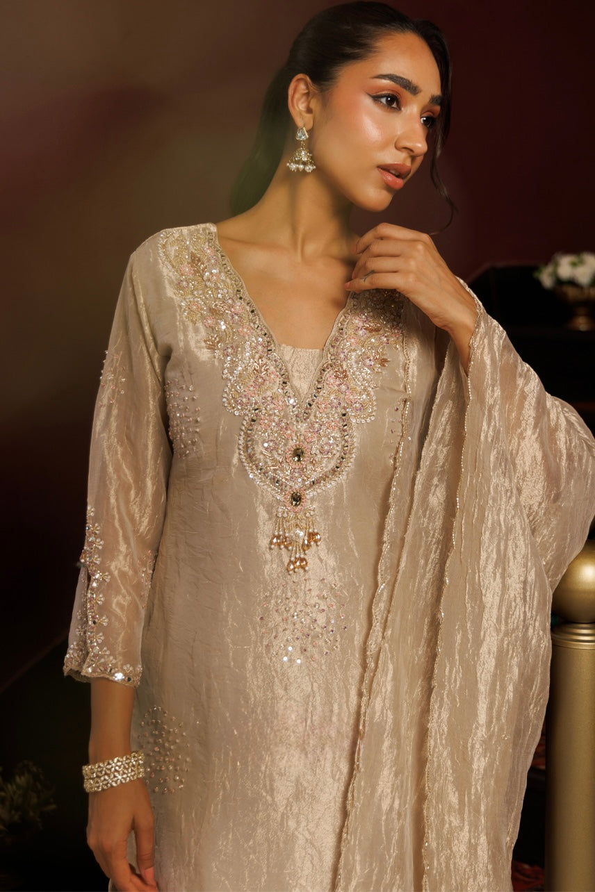 Champagne Embroidered Kurta Pant Set with Dupatta