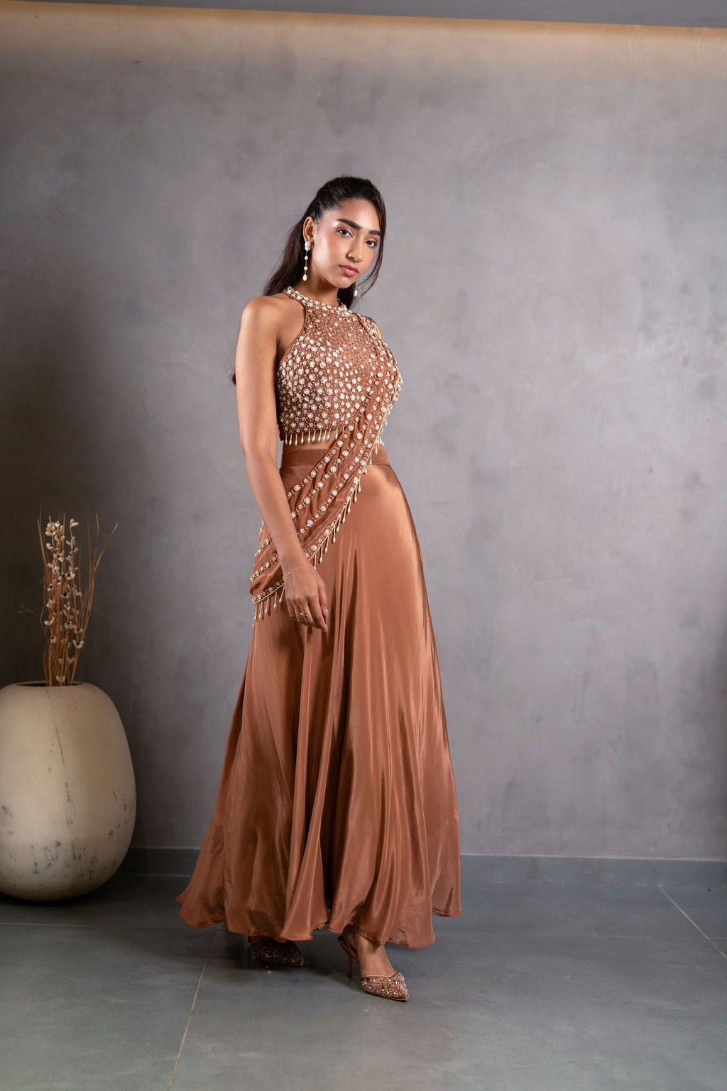 Mocha Bronze Embellished Drape Skirt Set