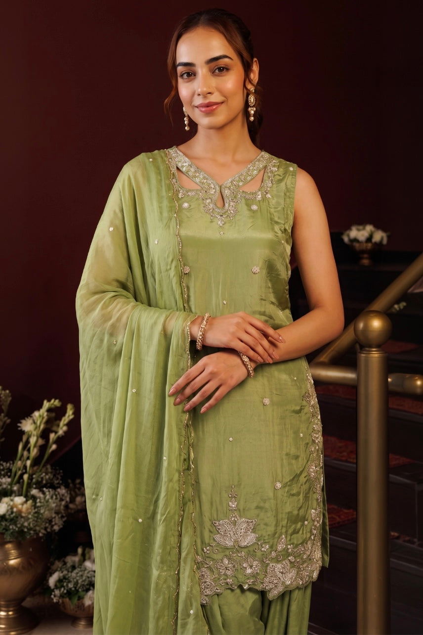Pistachio Green Embroidered Farshi Salwar Suit