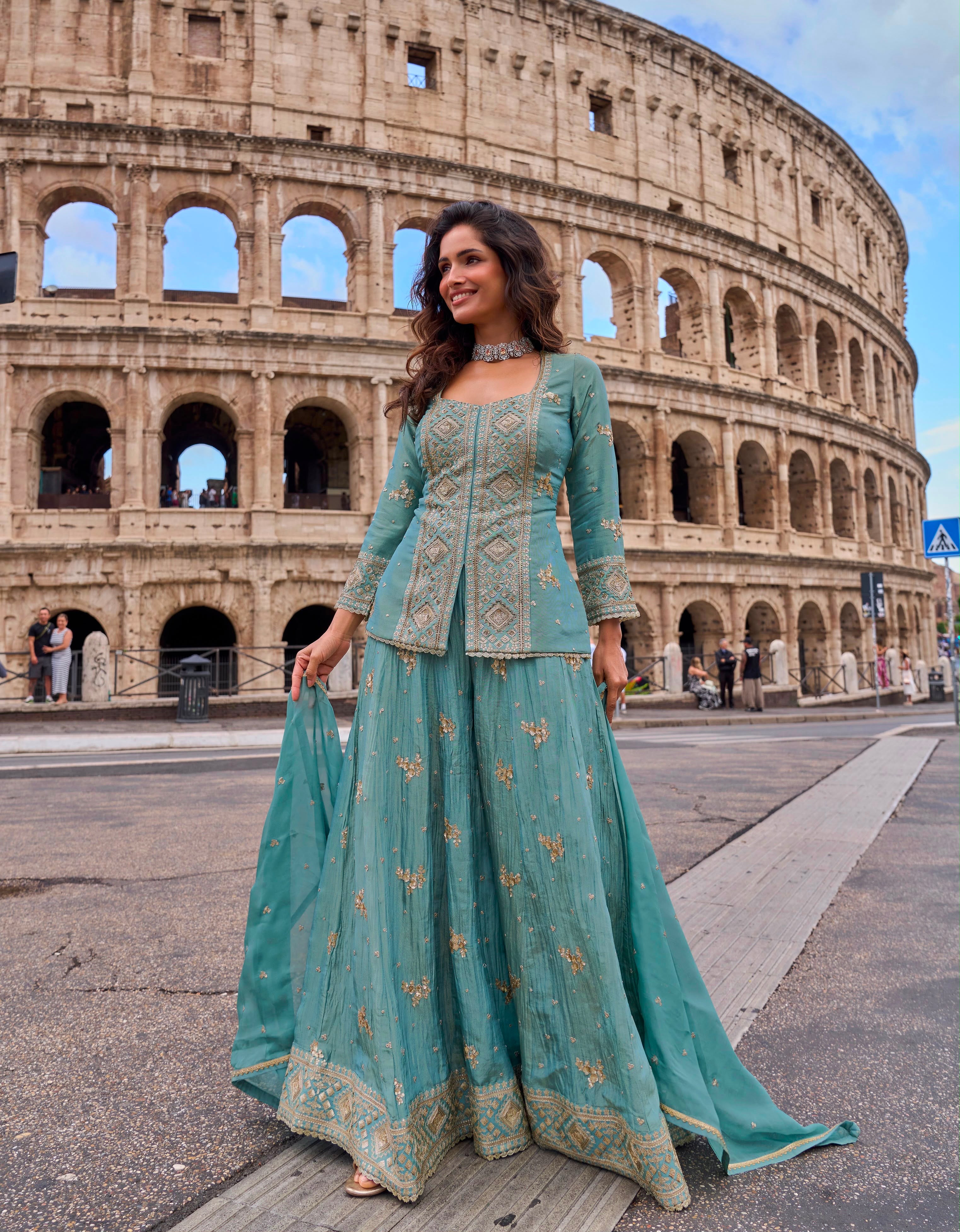 Aqua Royale Embroidered Peplum Sharara Set