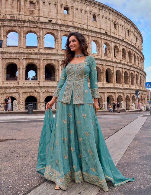Aqua Royale Embroidered Peplum Sharara Set