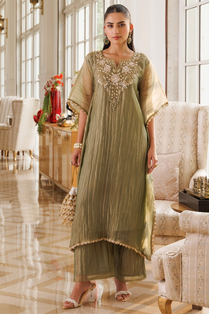 Olive Elegance Embroidered Kaftan Set