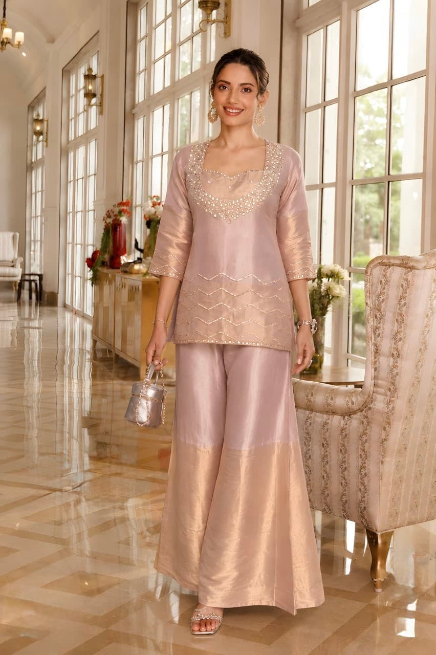 Blush Pearl Embellished Kurta Palazzo Set