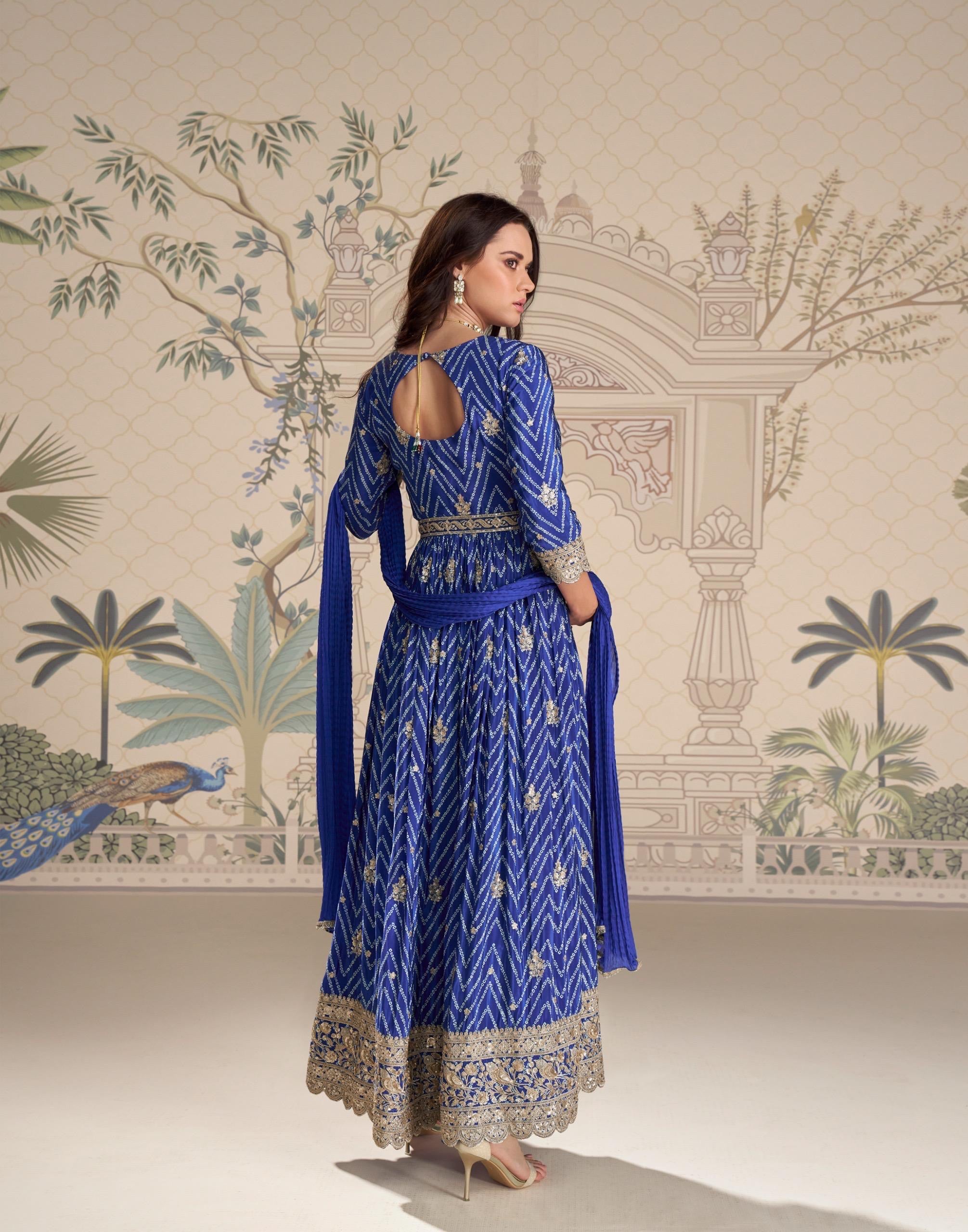 Royal Blue Leheriya Anarkali Set