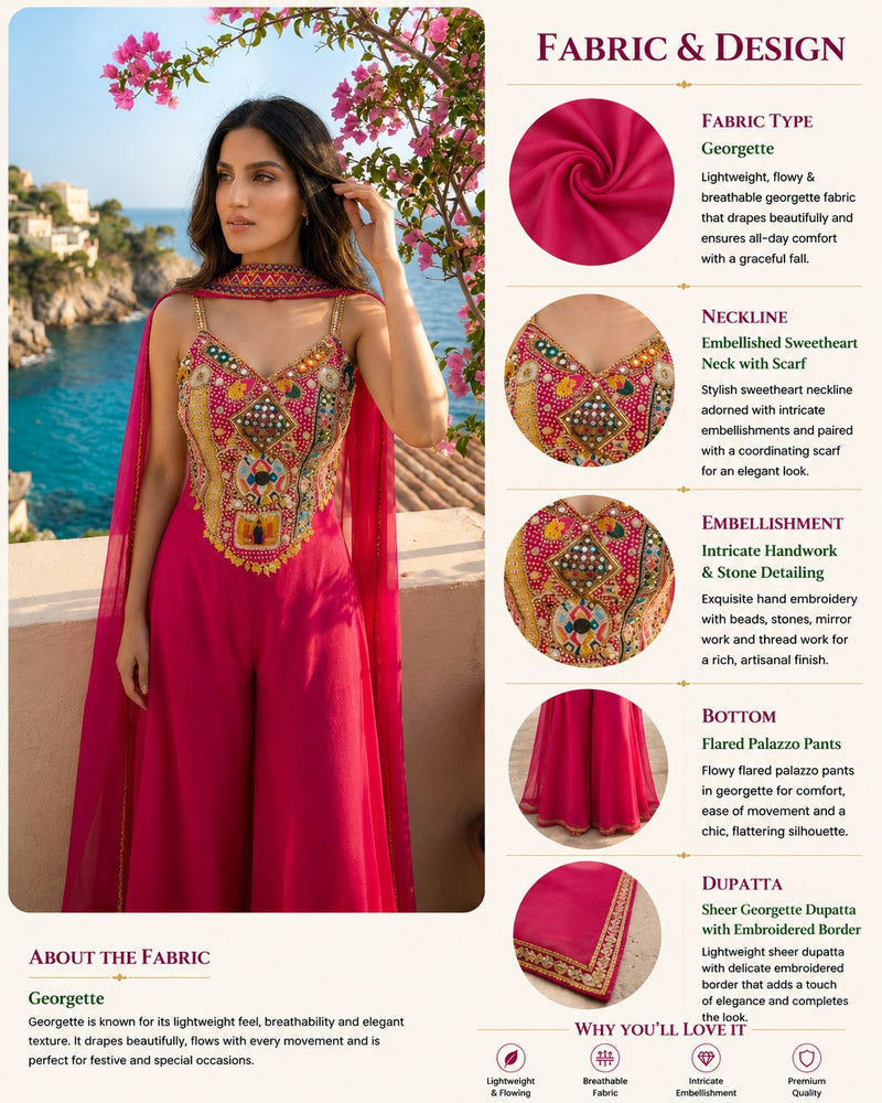 Fuchsia Pink Handwork Palazzo Set