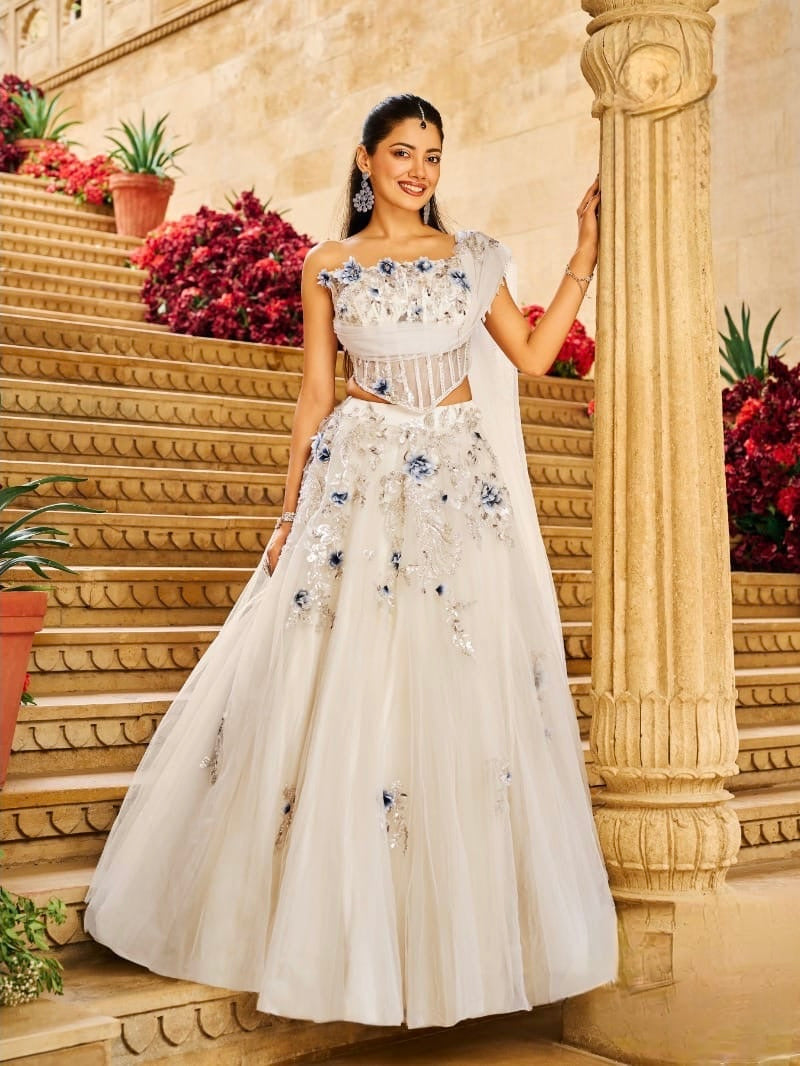 Ivory Floral Embroidered Lehenga Set with Draped Corset Blouse