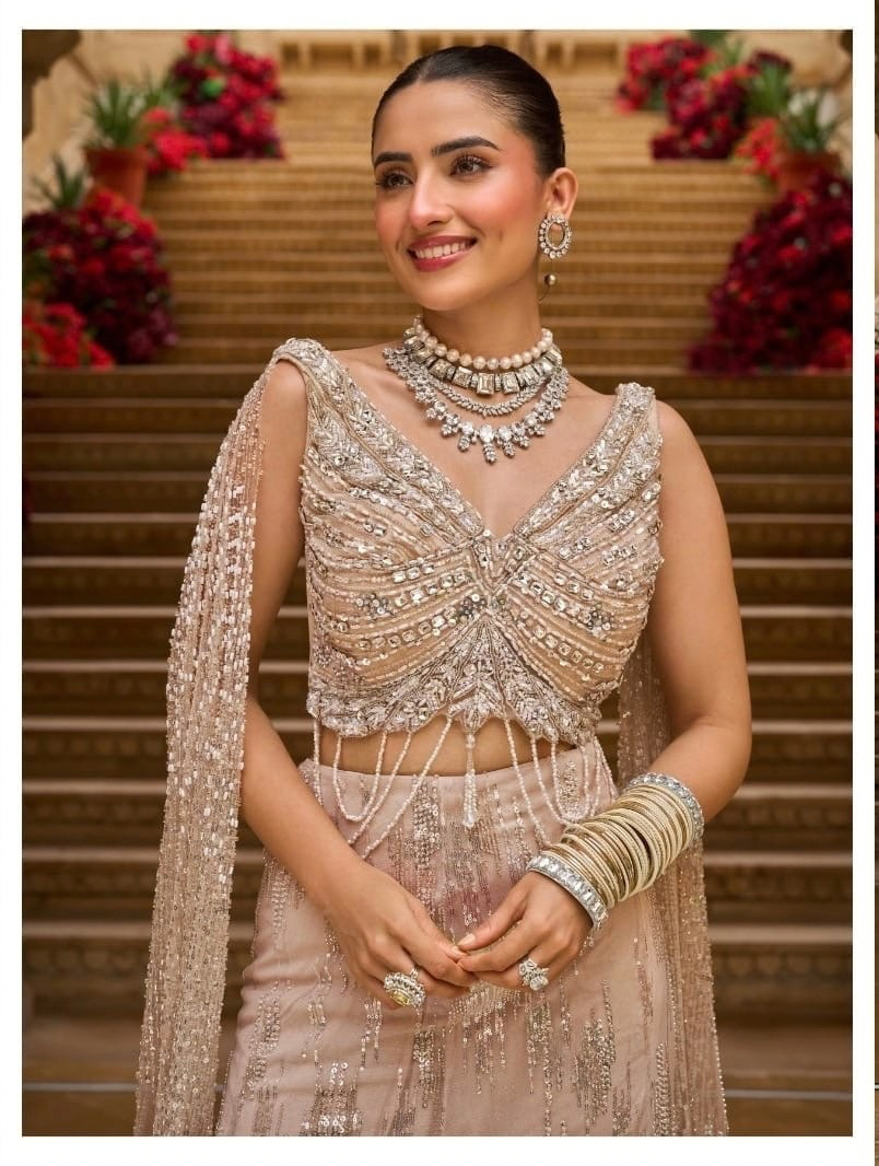 Champagne Gold Lehenga Set with Embellished Draped Blouse