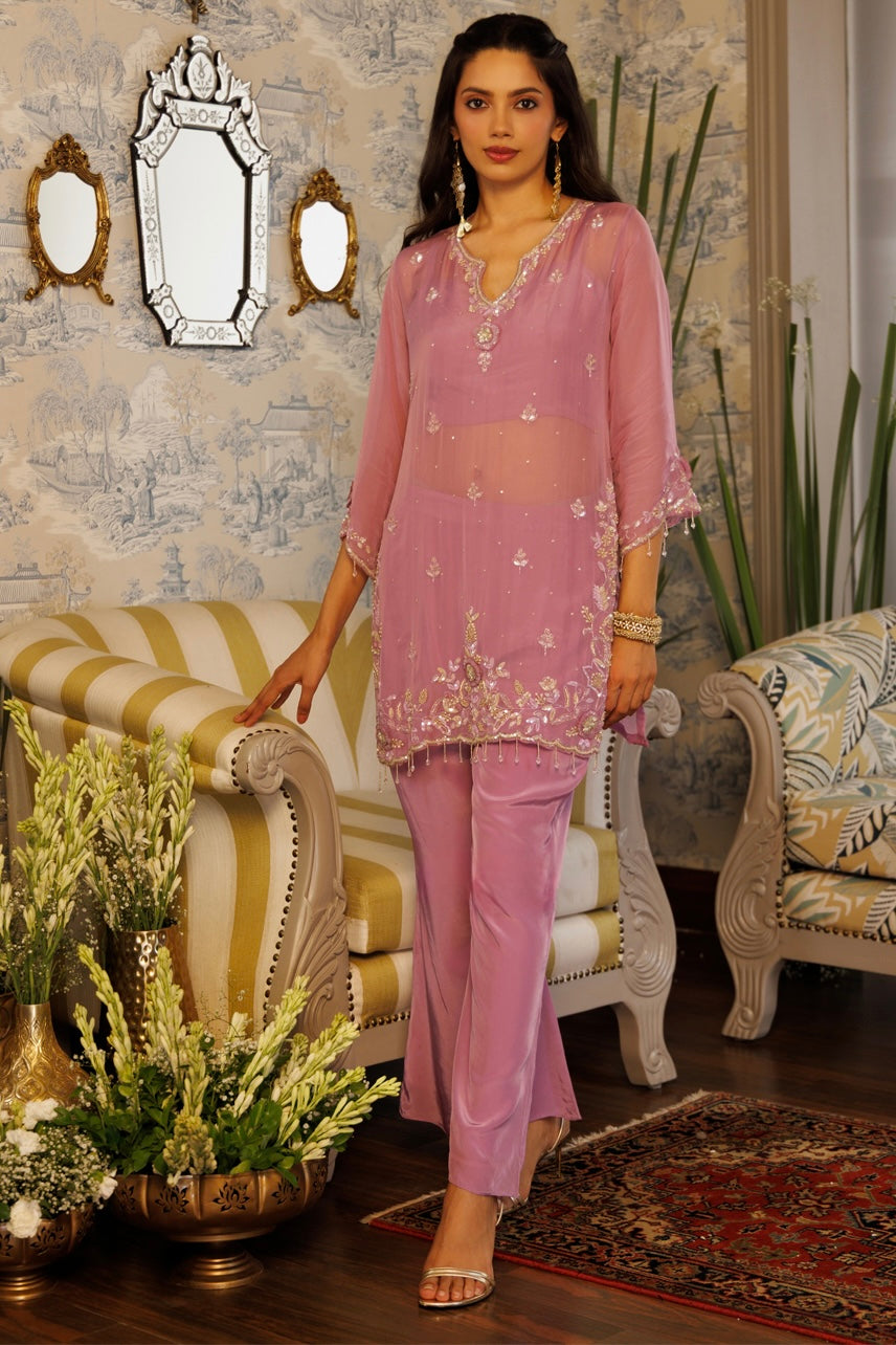 Rose Mist Embroidered Organza Suit Set