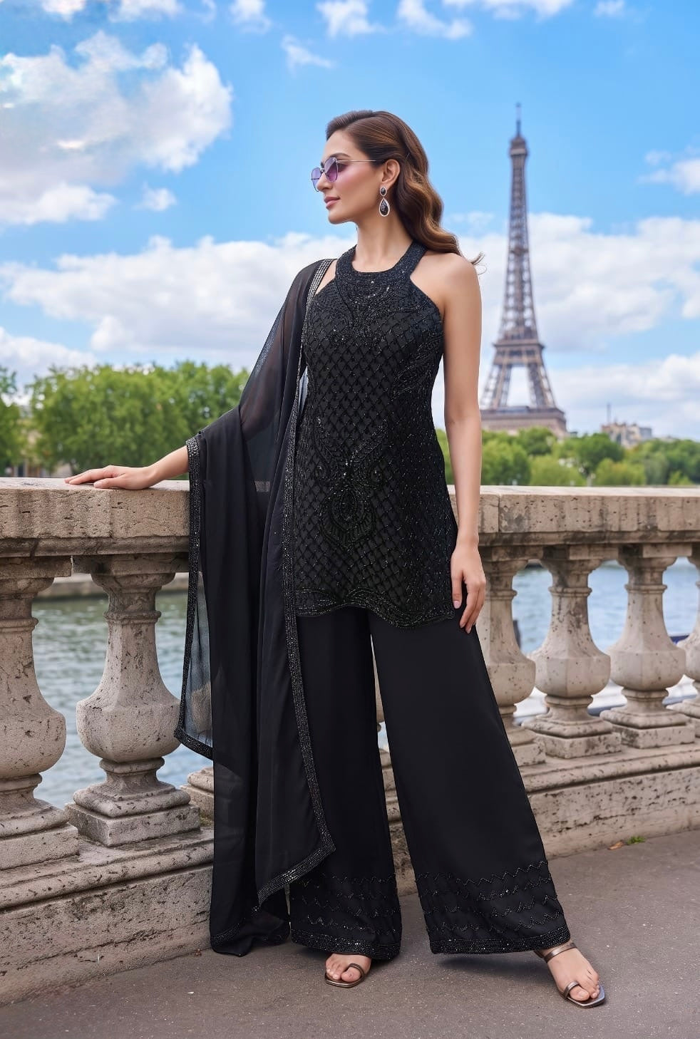 Noir Luxe Embroidered Palazzo Set