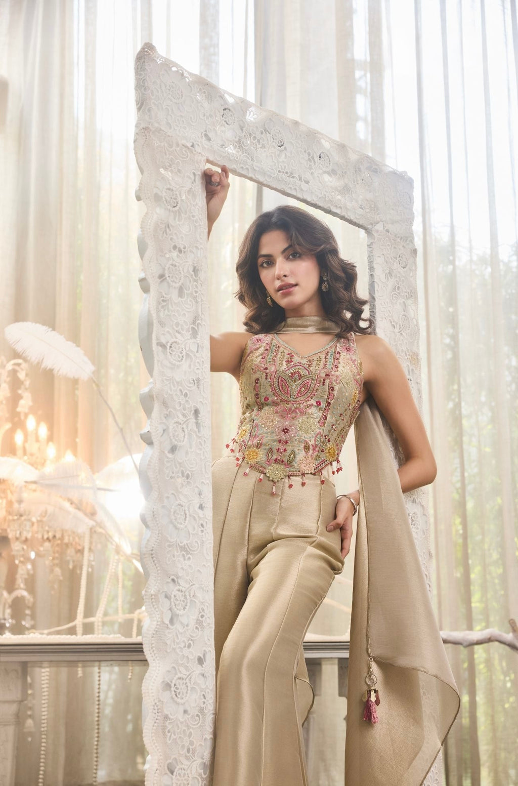 Champagne Embroidered Corset & Flared Pants Set with Dupatta