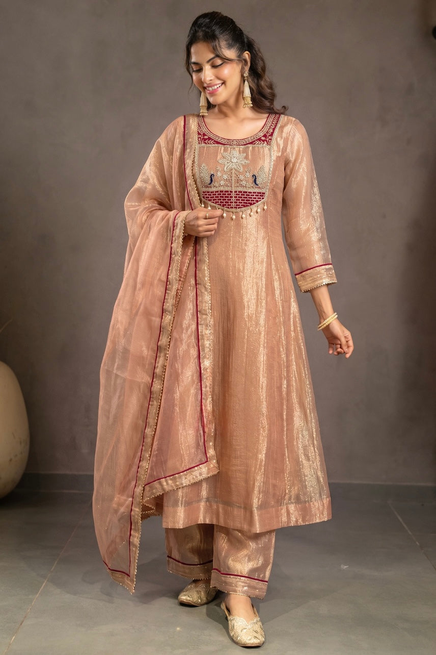Peach Gold Embroidered Kurta Set with Maroon Yoke & Dupatta