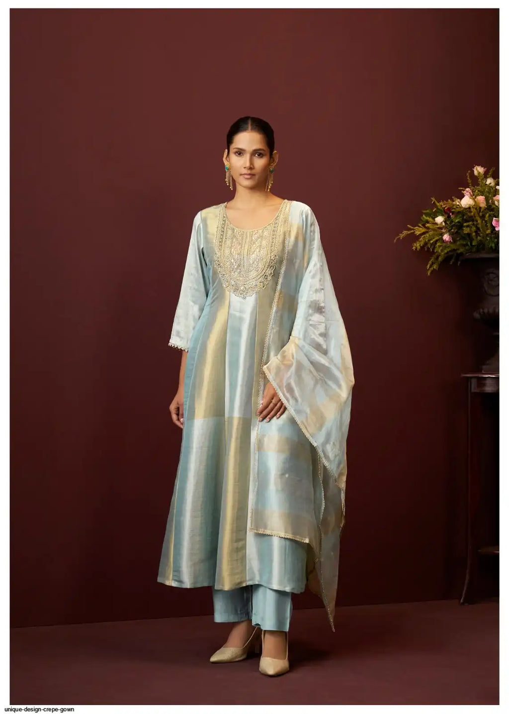 Pearl Blue & Gold Tissue Kanjeevaram Flared Suit Set