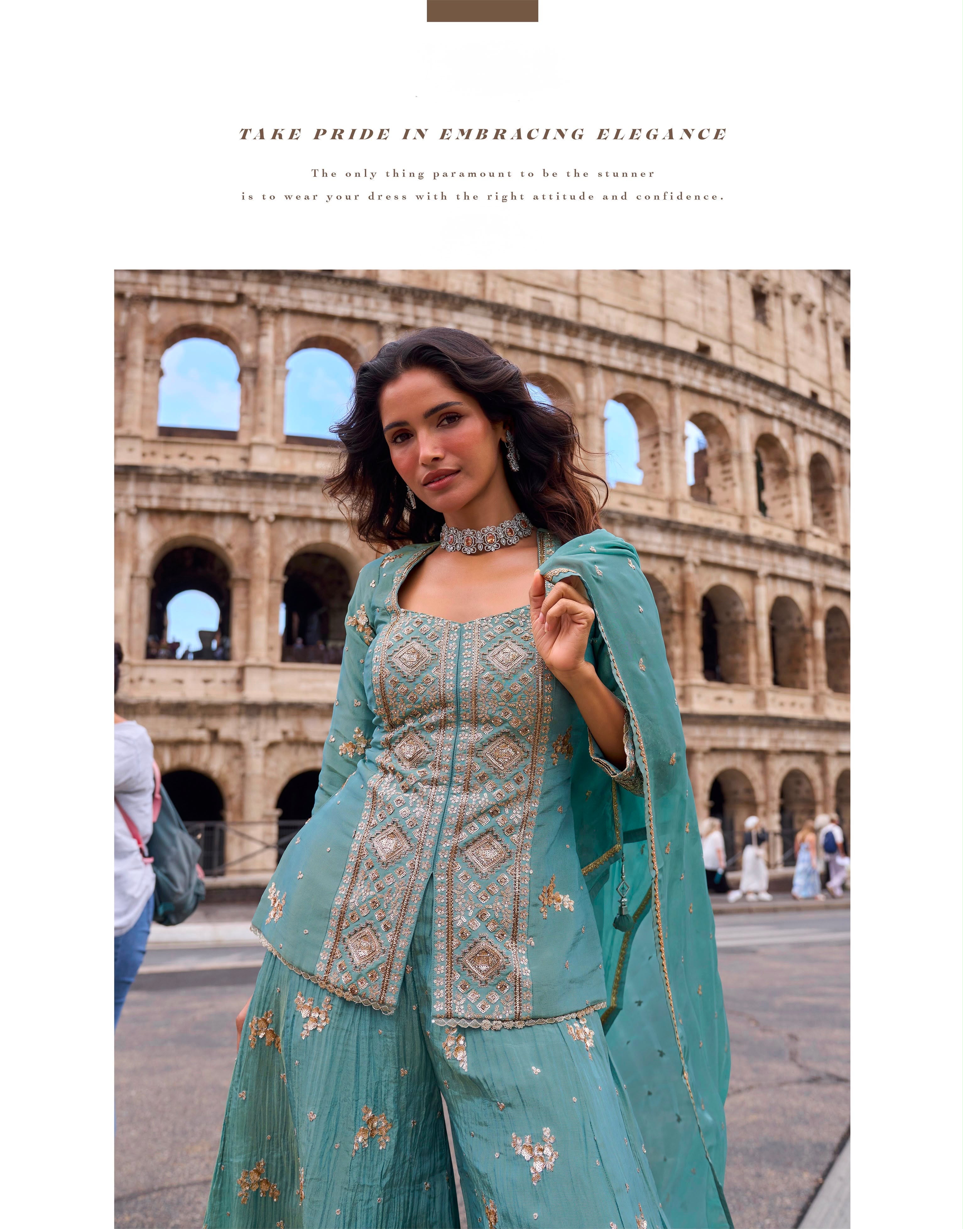 Aqua Royale Embroidered Peplum Sharara Set