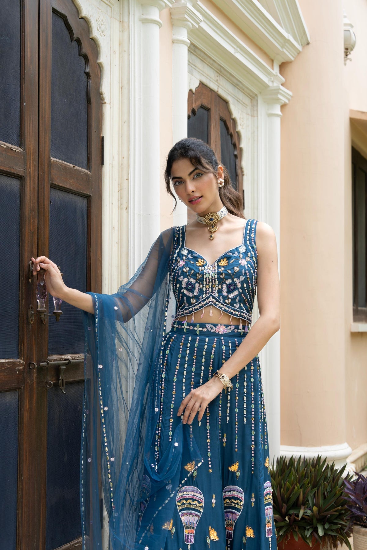 Royal Blue Floral Embroidered Lehenga Set
