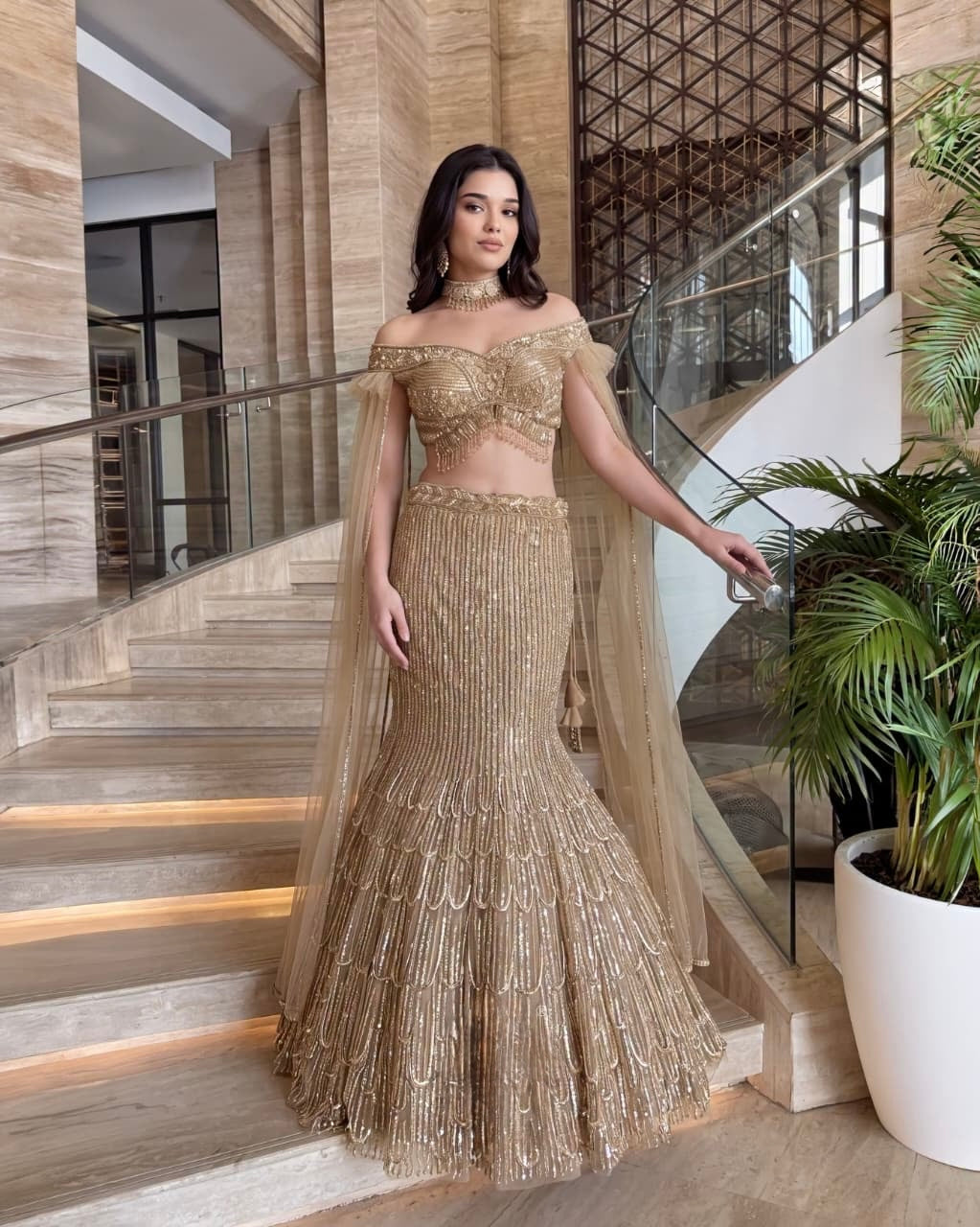 Champagne Gold Embellished Mermaid Lehenga Set with Off-Shoulder Blouse & Sheer Cape