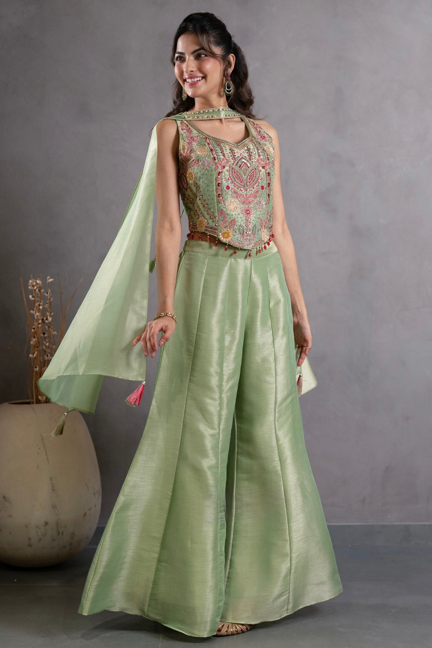 Pastel Green Embroidered Peplum Top with Palazzo Pants & Dupatta Set