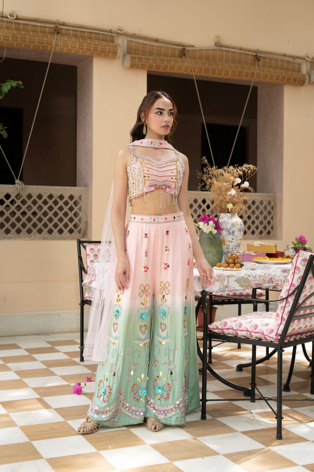 Pastel Pink & Mint Green Embroidered Lehenga Set