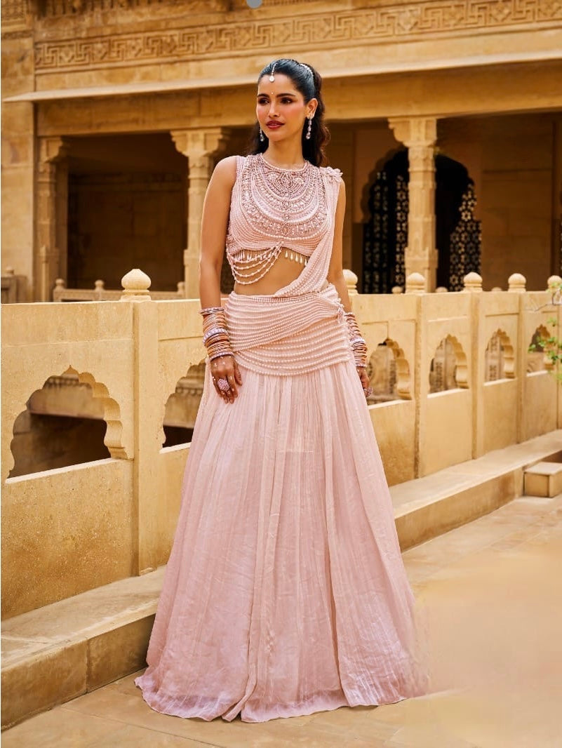 Blush Pink Pearl Draped Lehenga Set with Statement Embellished Blouse