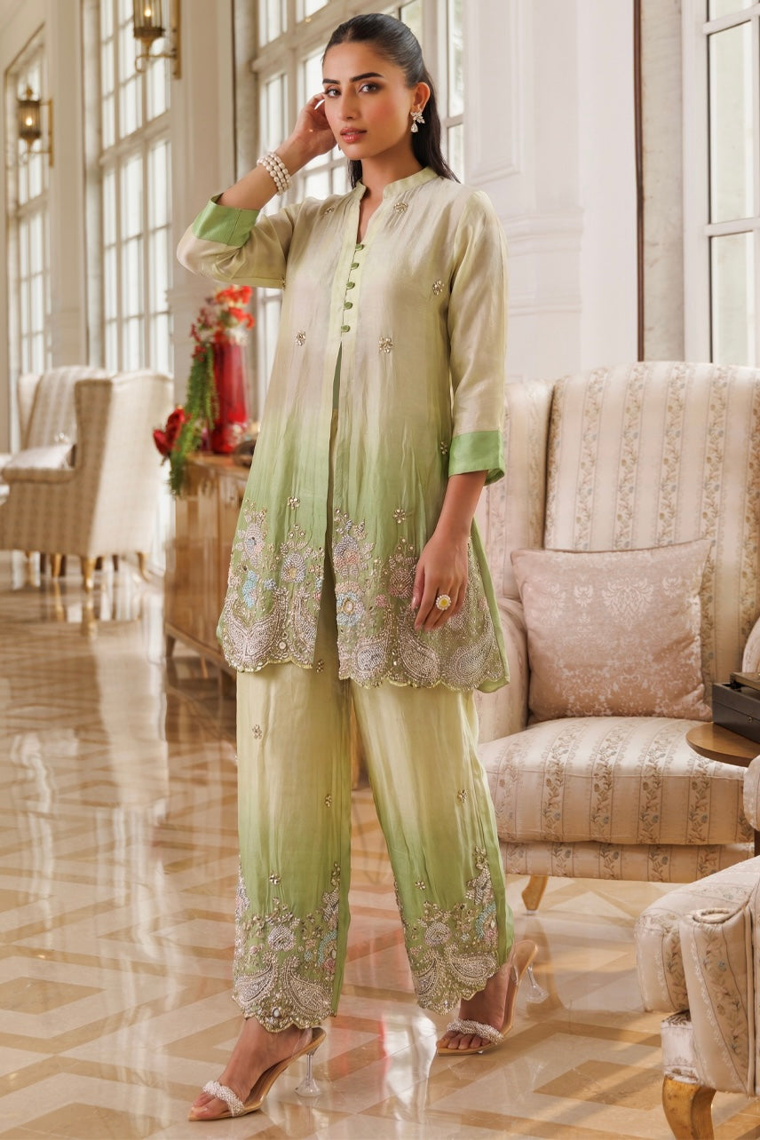 Sage Green Ombre Embroidered Co-Ord Set
