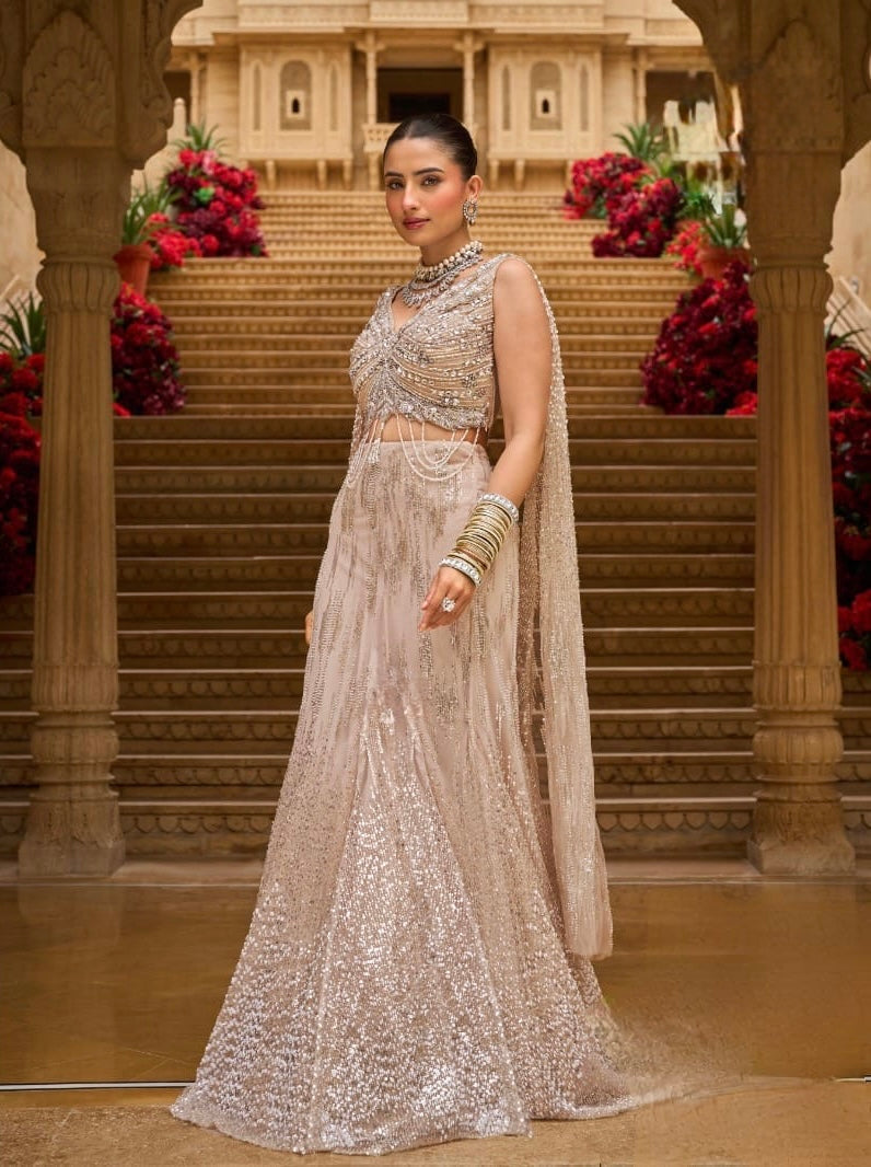 Champagne Gold Lehenga Set with Embellished Draped Blouse