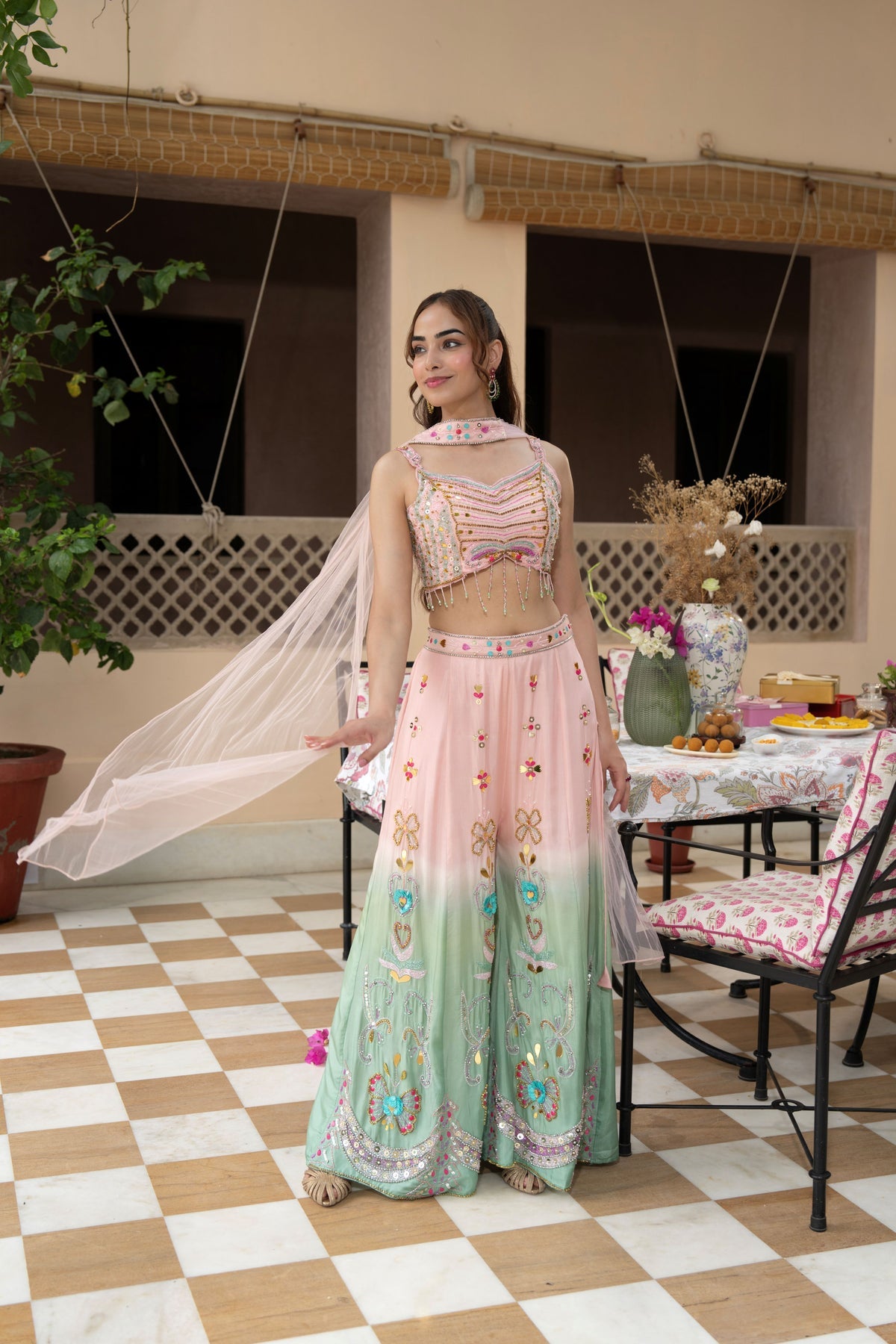 Pastel Pink & Mint Green Embroidered Lehenga Set