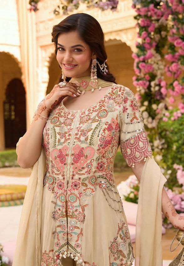 Beige Multicolour Embroidered High-Low Suit Set