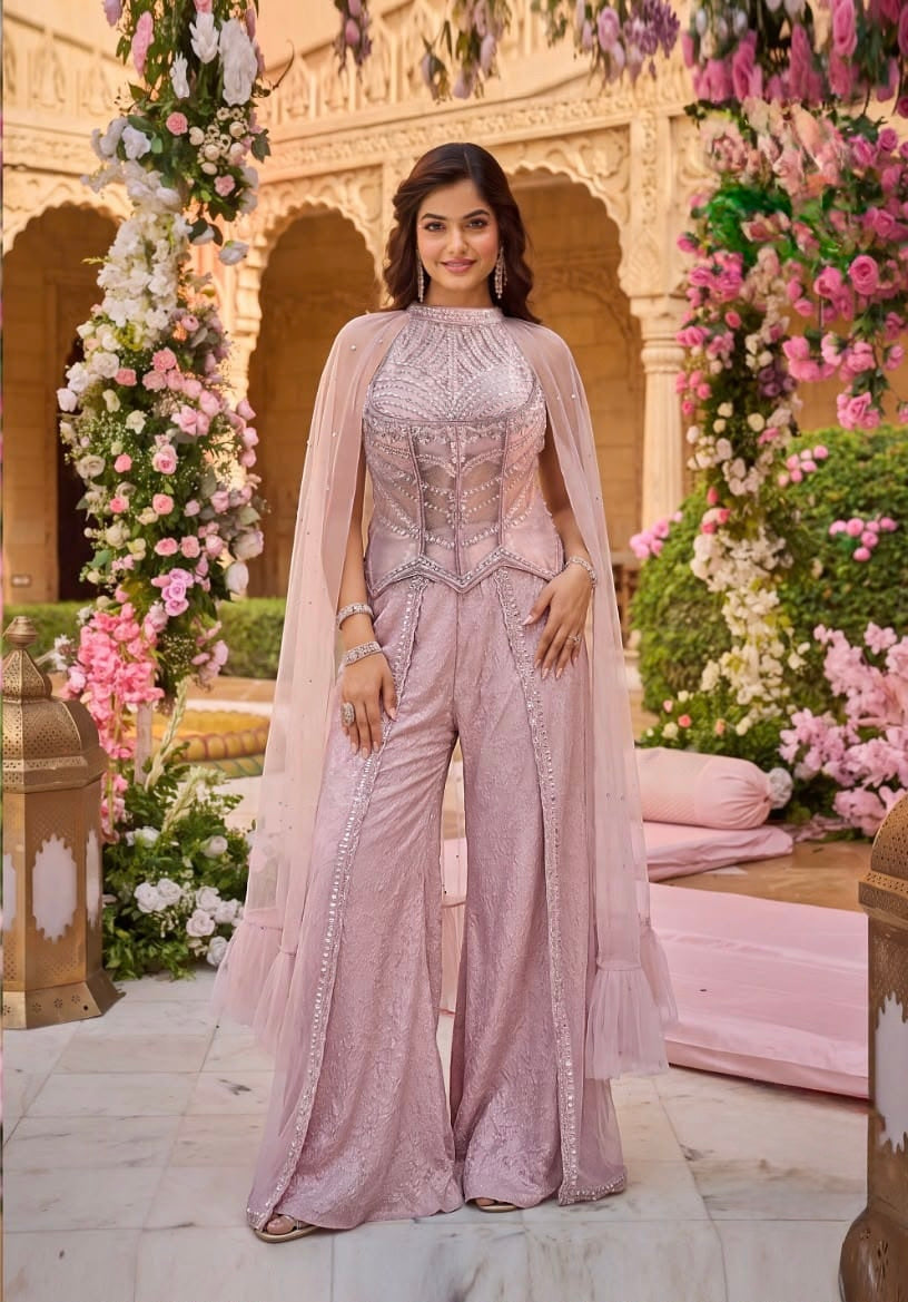 Blush Pink Embellished Corset with Cape & Wide-Leg Pants Set