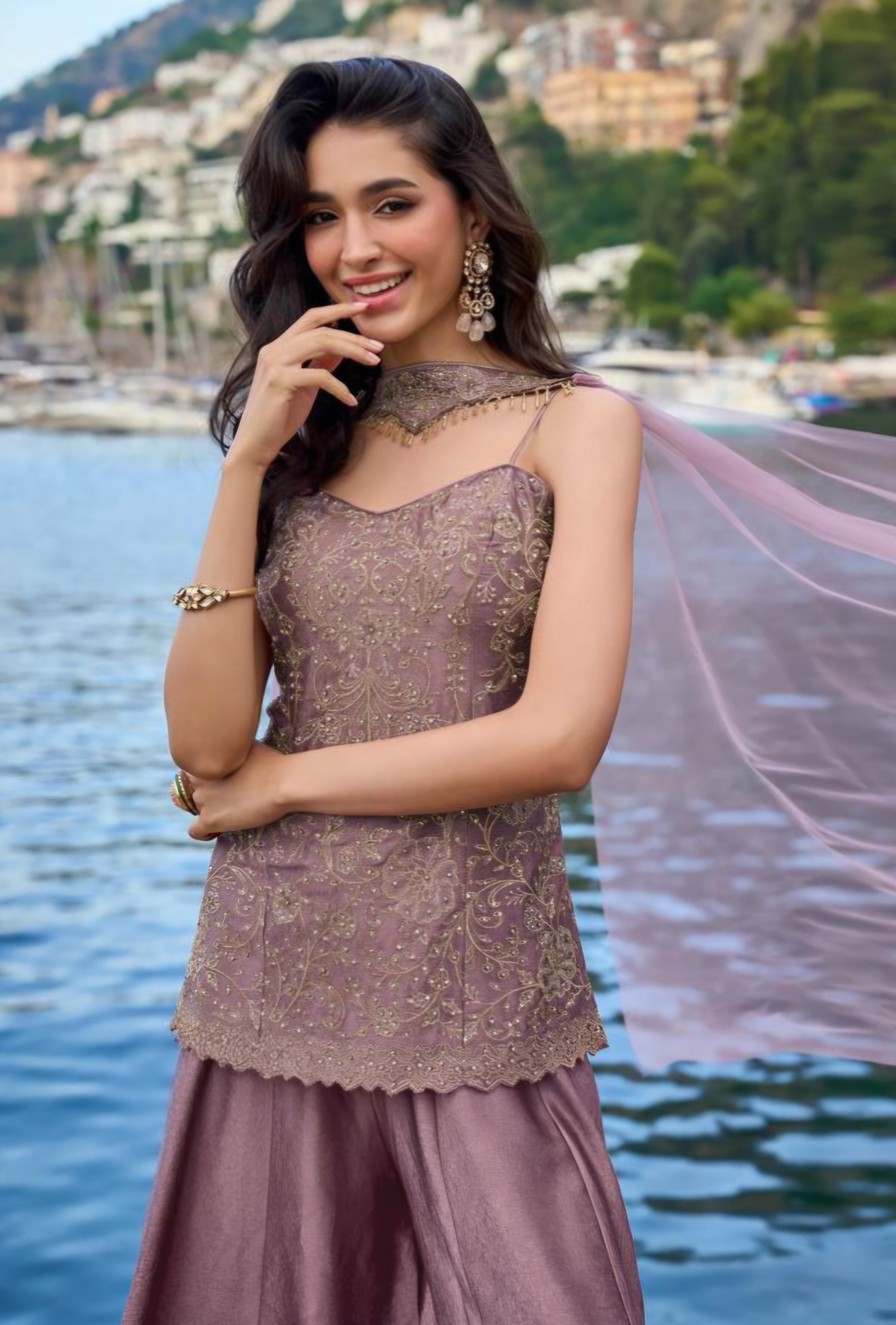 Mauve Luxe Embroidered Palazzo Suit Set