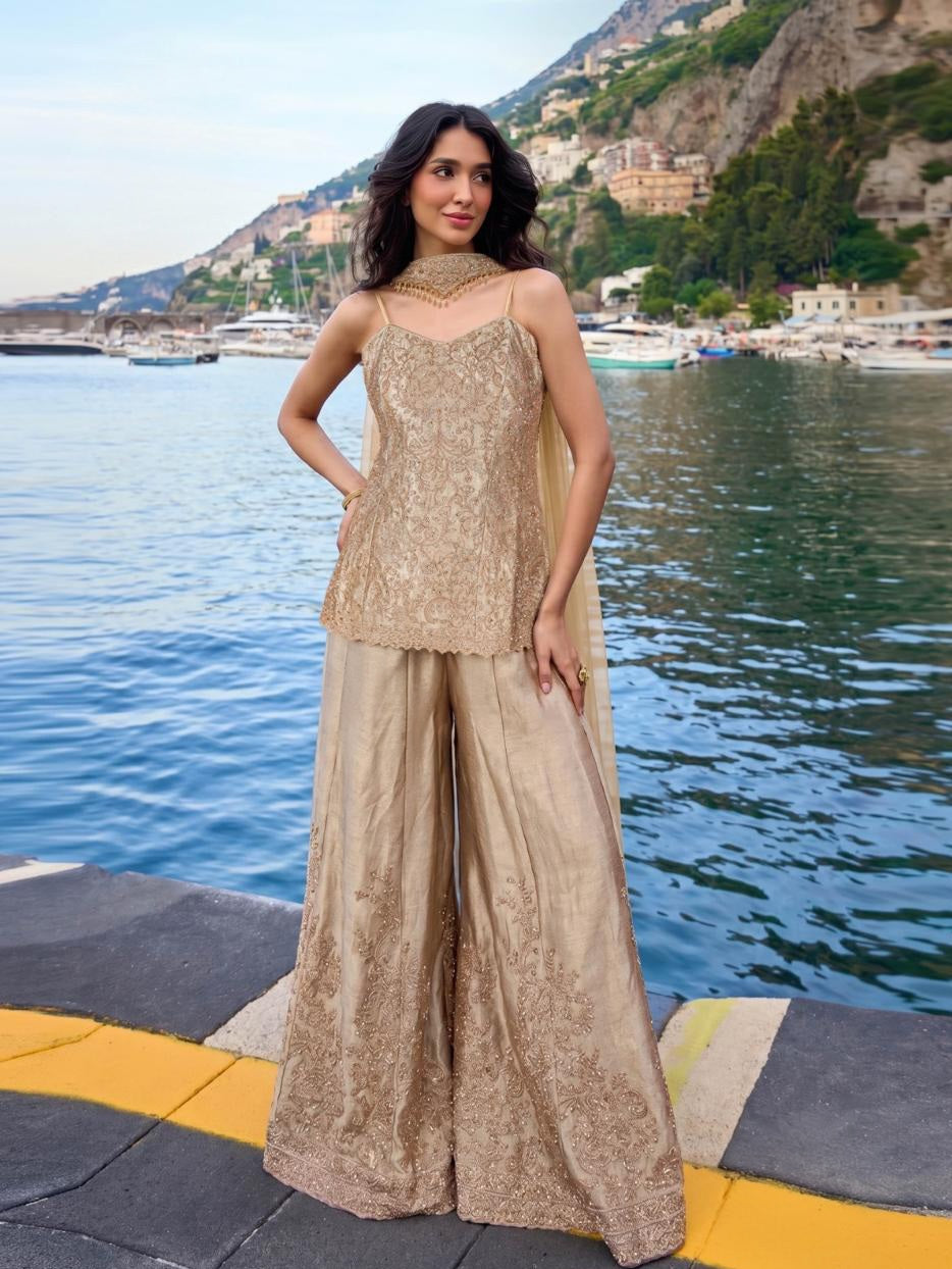 Ivory Luxe Embroidered Palazzo Suit Set