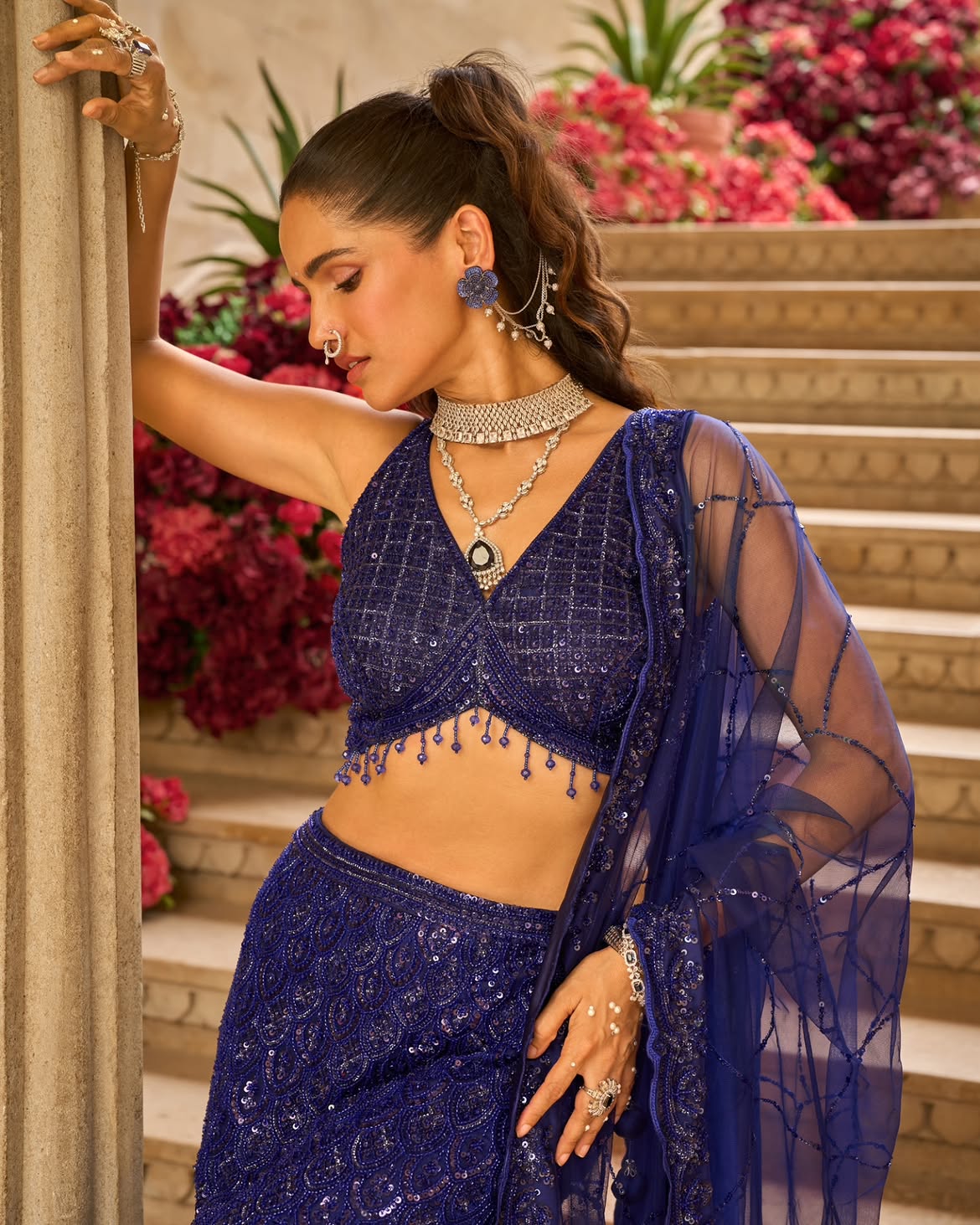 Midnight Blue Sequin Embroidered Mermaid Lehenga Set with Draped Blouse