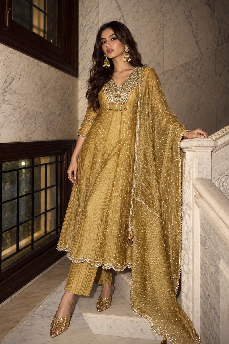 Olive Gold Premium Tissue Flared Anarkali Suit Set