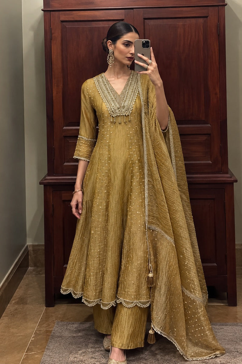 Olive Gold Premium Tissue Flared Anarkali Suit Set