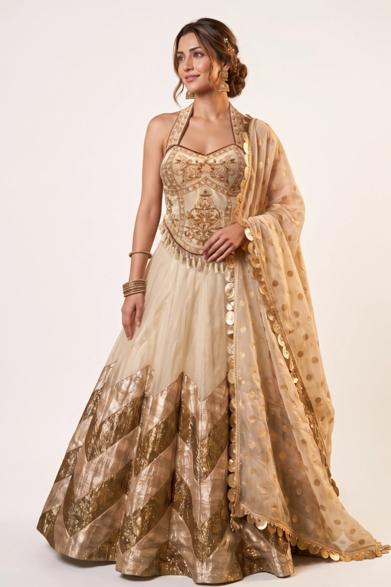 Champagne Gold Embroidered Lehenga Set