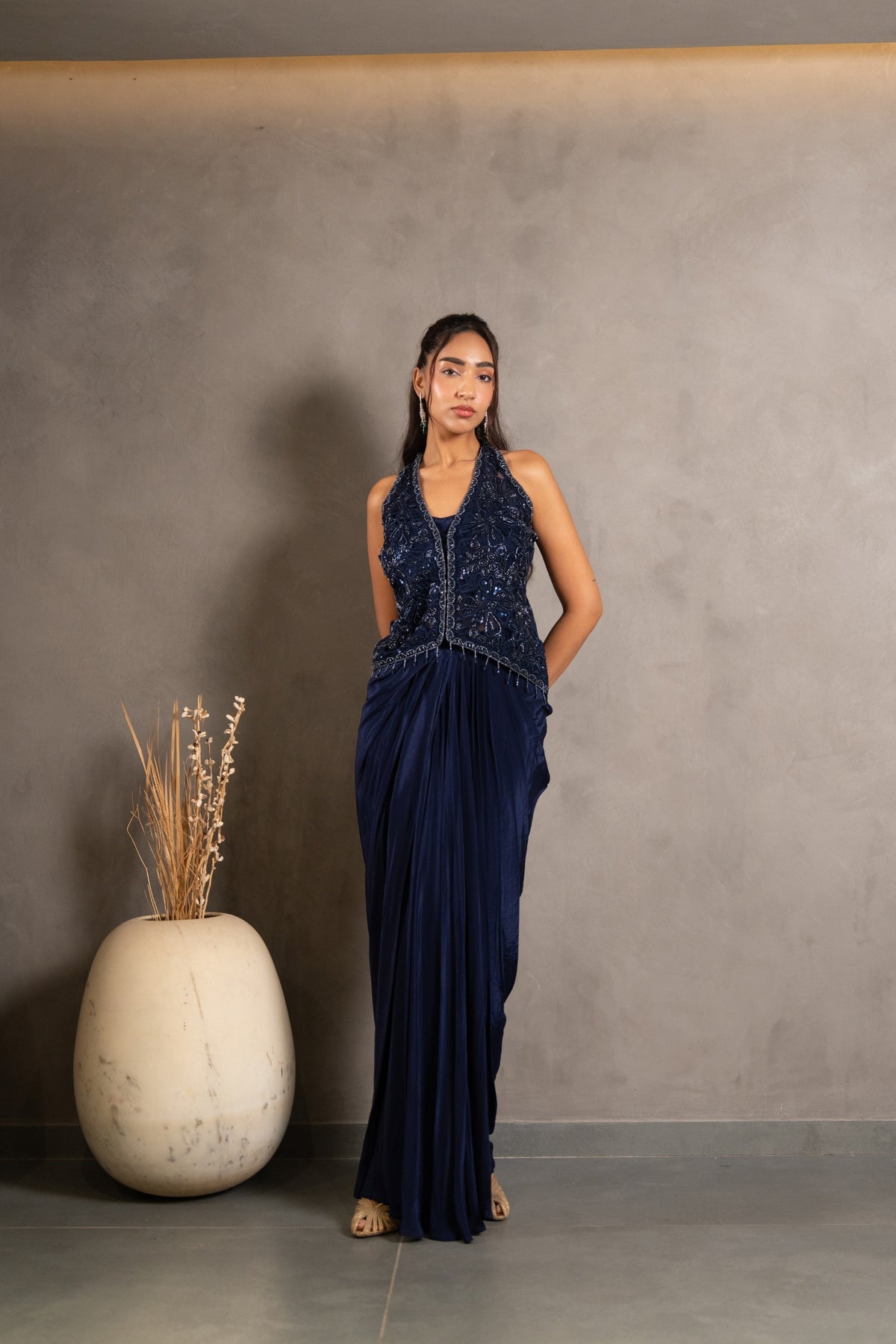 Midnight Navy Handworked Draped Gown