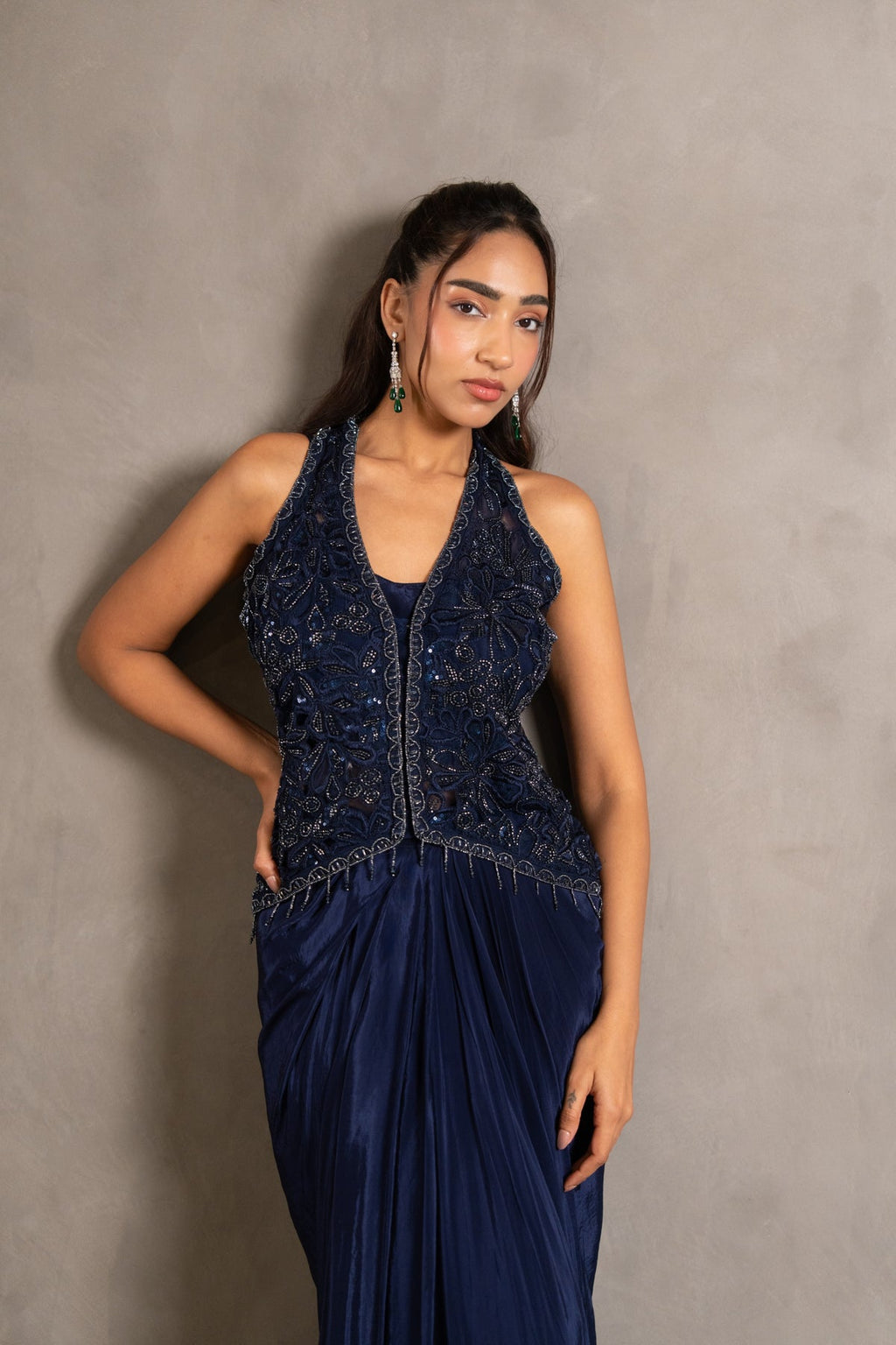 Midnight Navy Handworked Draped Gown
