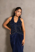 Midnight Navy Handworked Draped Gown