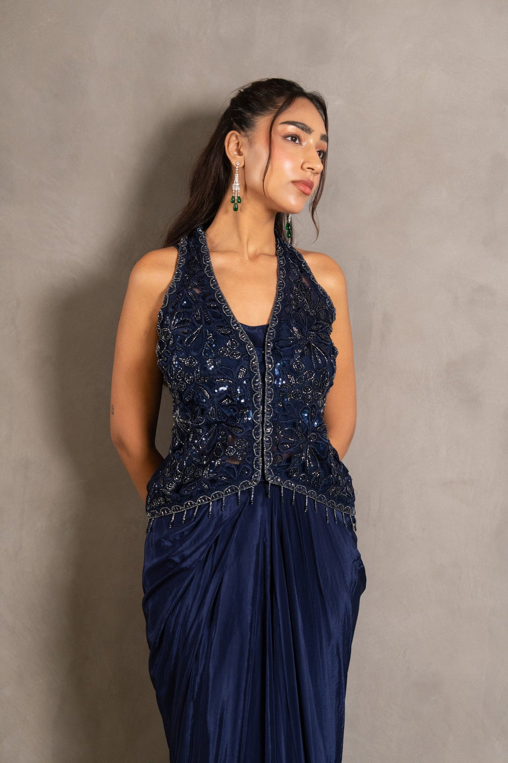 Midnight Navy Handworked Draped Gown