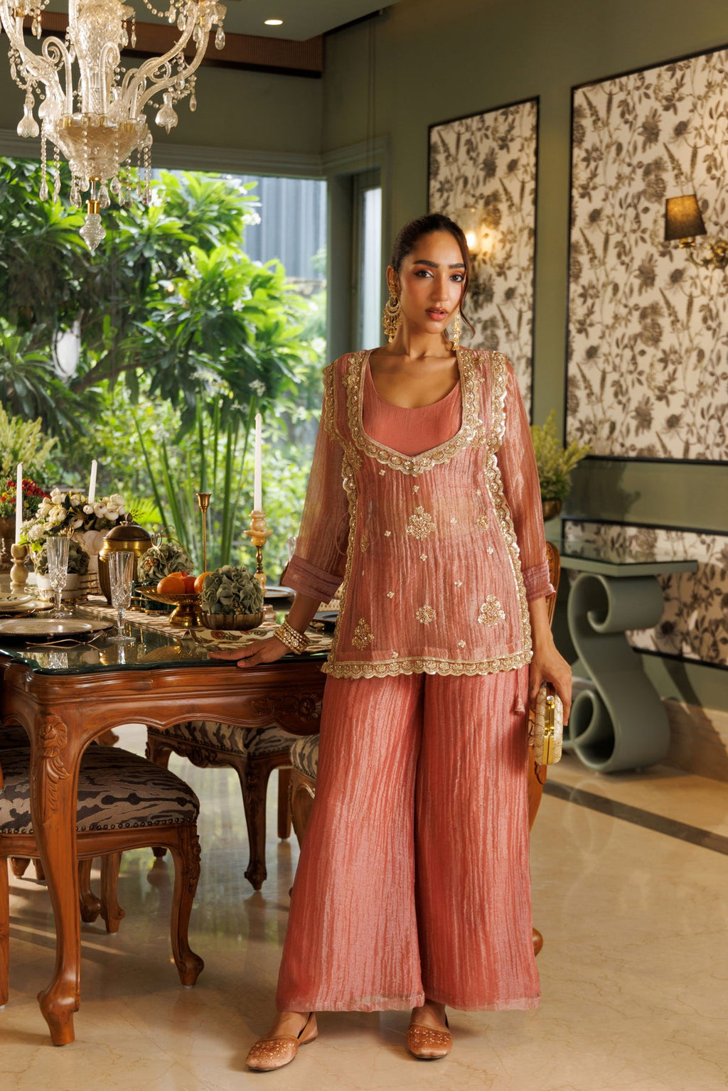 Dusty Rose Embroidered Kurta Palazzo Set