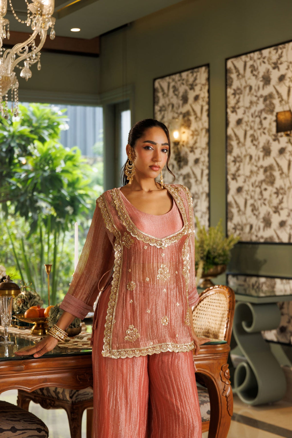 Dusty Rose Embroidered Kurta Palazzo Set