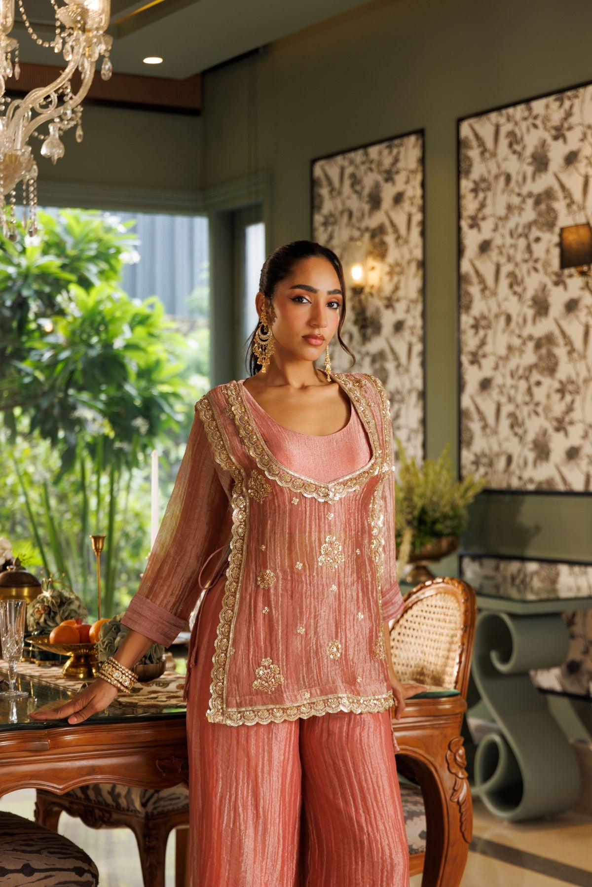 Dusty Rose Embroidered Kurta Palazzo Set