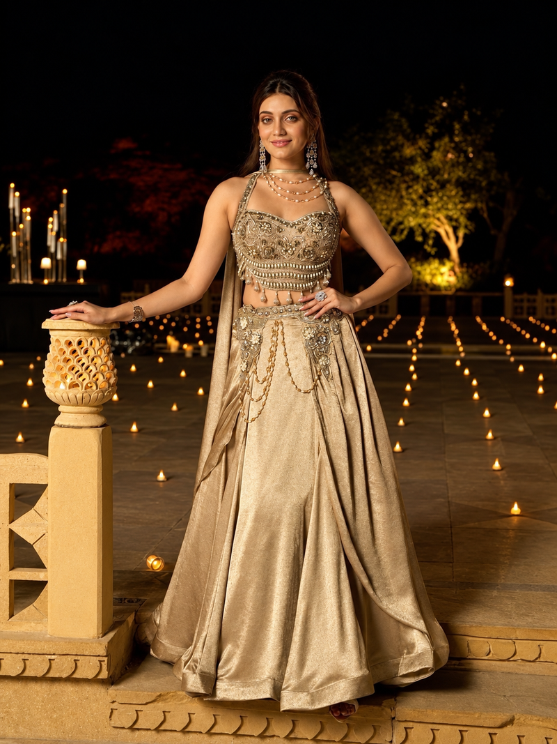 Champagne Gold Embroidered Lehenga Set with Statement Corset Blouse