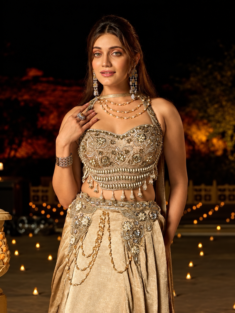 Champagne Gold Embroidered Lehenga Set with Statement Corset Blouse