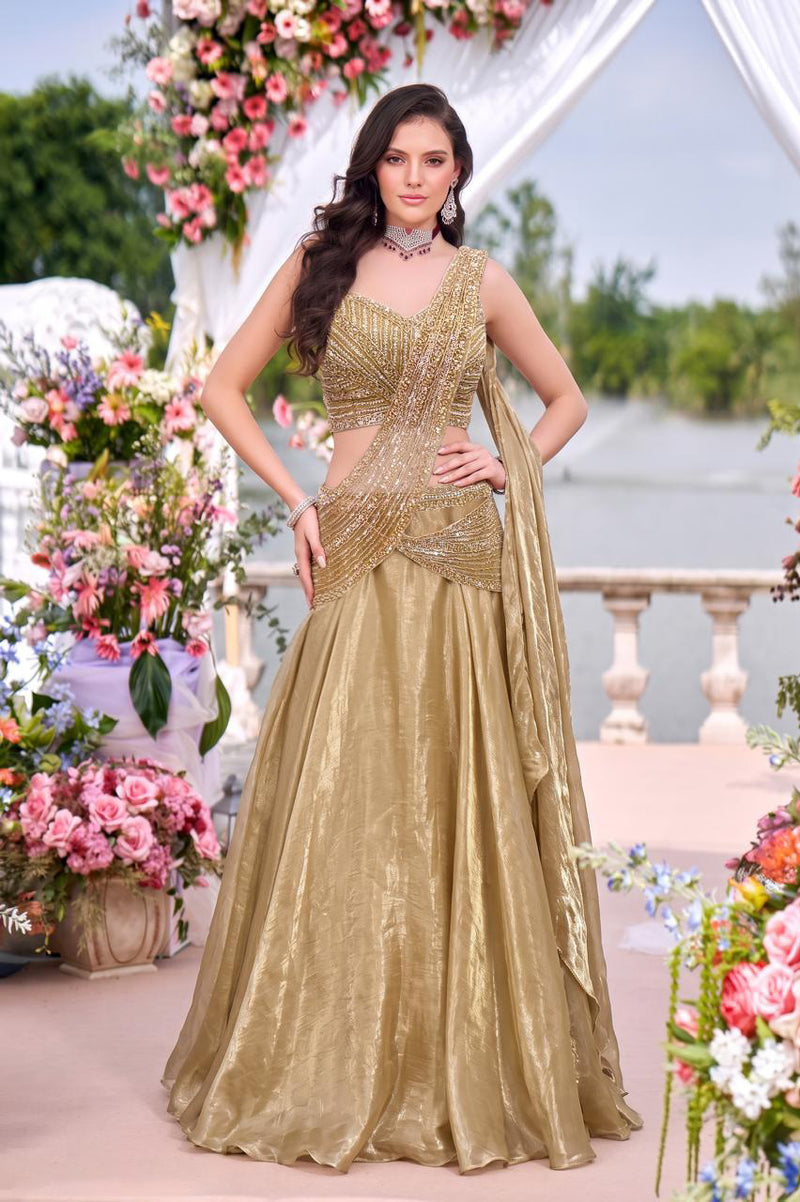 Champagne Gold Embroidered Draped Lehenga Set with Statement Blouse