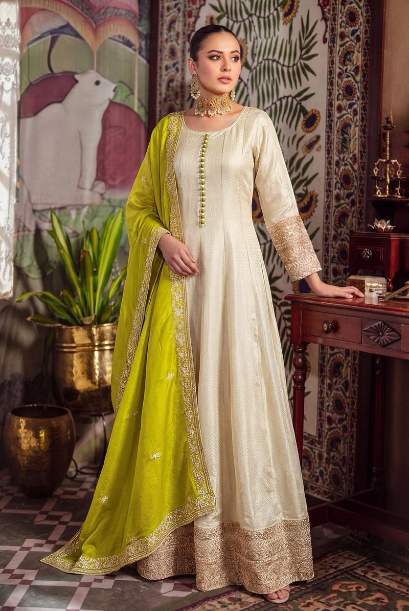 Ivory Anarkali Suit with Lime Green Dupatta