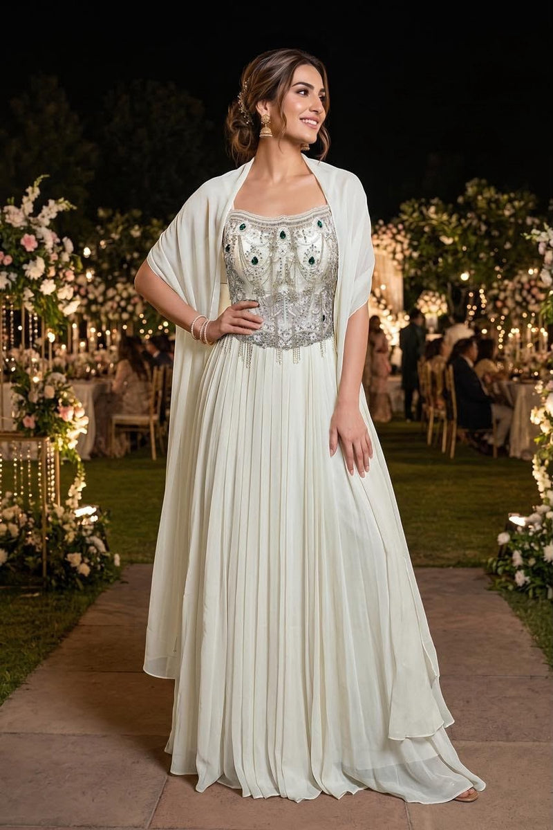 Ivory Embellished Lehenga Set with Corset & Cape