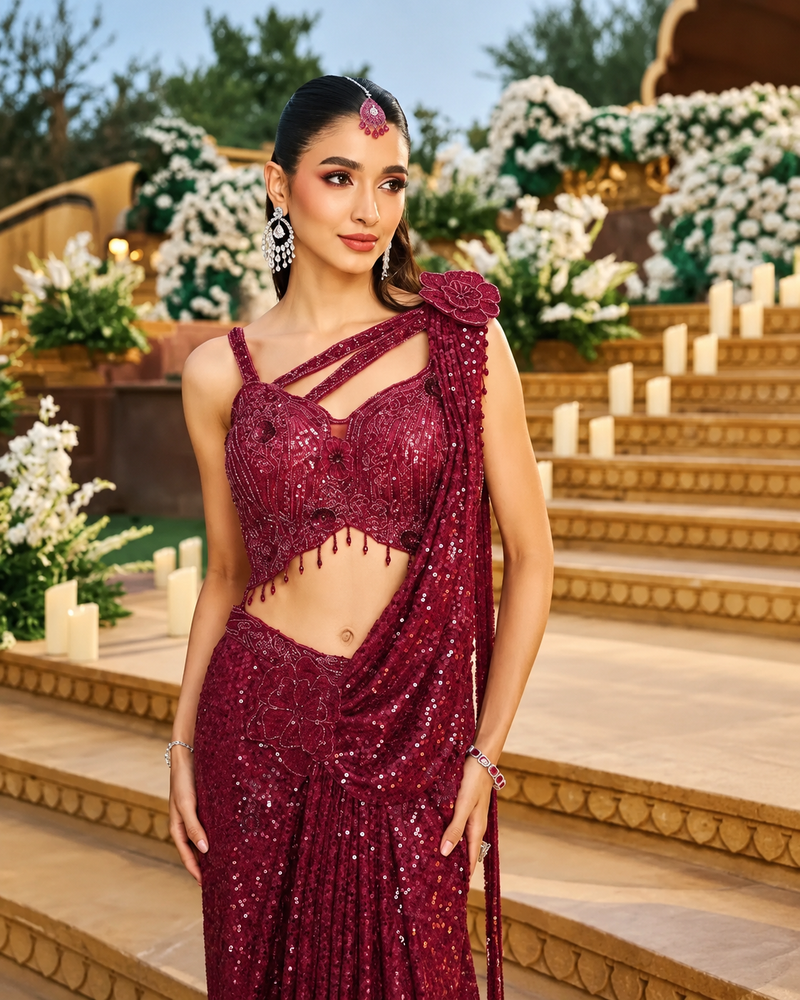 Wine Burgundy Sequin Saree with Embellished Blouse & Floral Shoulder Detail