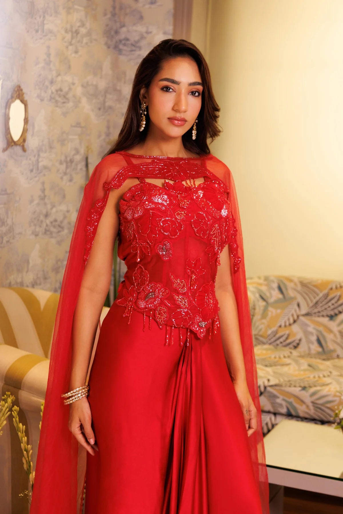 Red Embroidered Cape Top with Draped Palazzo Pants Set