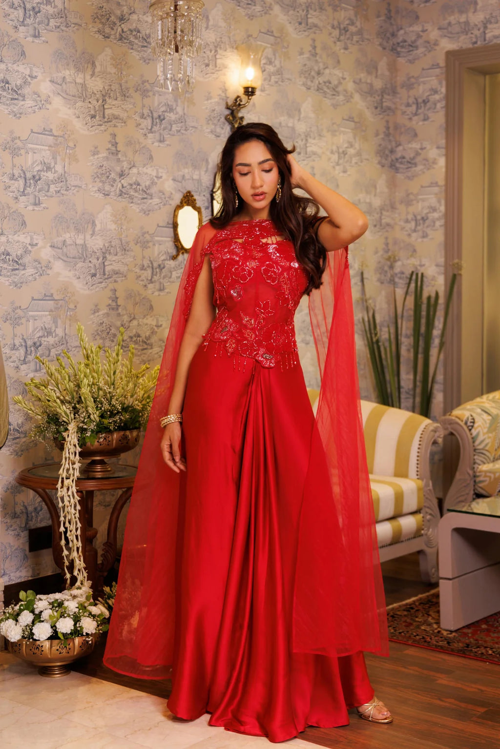 Red Embroidered Cape Top with Draped Palazzo Pants Set