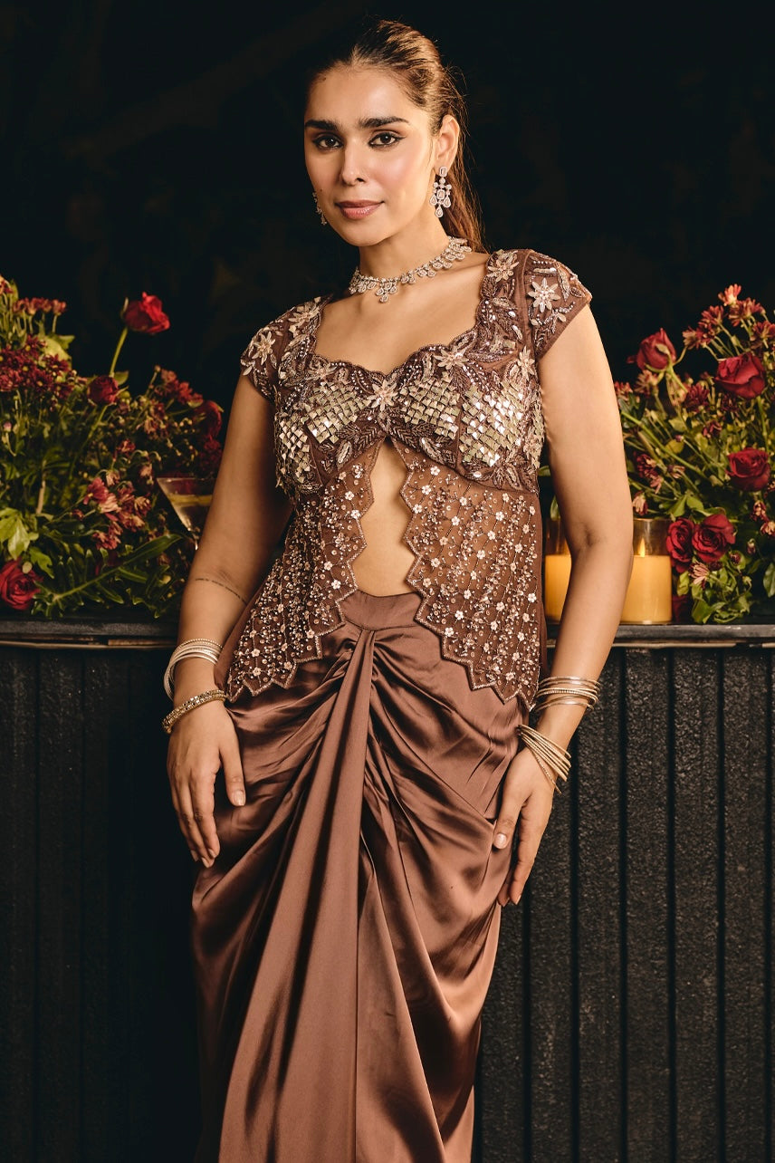 Mocha Brown Luxe Embroidered Indo-Western Set